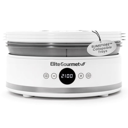 Elite Gourmet EFD329WD Digital Food Dehydrator with 5 BPA Free SlimStore™ Collapsible Trays for Compact Storage, Adjustable Timer and Temperature Controls, Jerky, Herbs, Fruit, Veggies, Snacks, White