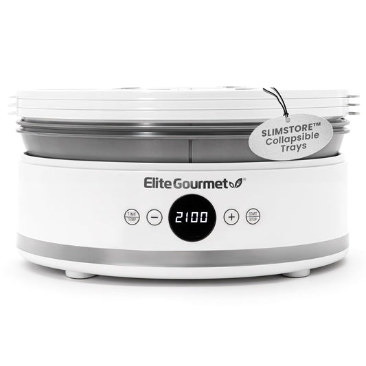Elite Gourmet EFD329WD Digital Food Dehydrator with 5 BPA Free SlimStore™ Collapsible Trays for Compact Storage, Adjustable Timer and Temperature Controls, Jerky, Herbs, Fruit, Veggies, Snacks, White