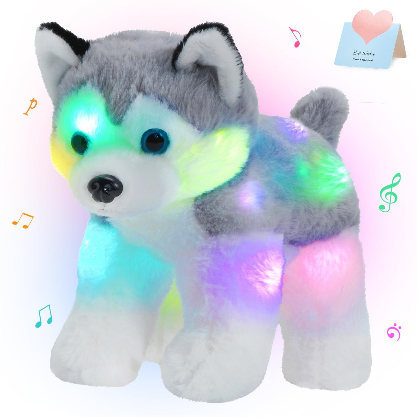 BSTAOFY 12’’ Musical Light up Husky Puppy Stuffed Animal Realistic LED Singing Dog Soft Plush Toy with Night Lights Glow in The Dark Birthday Valentines Christmas for Toddler Kids