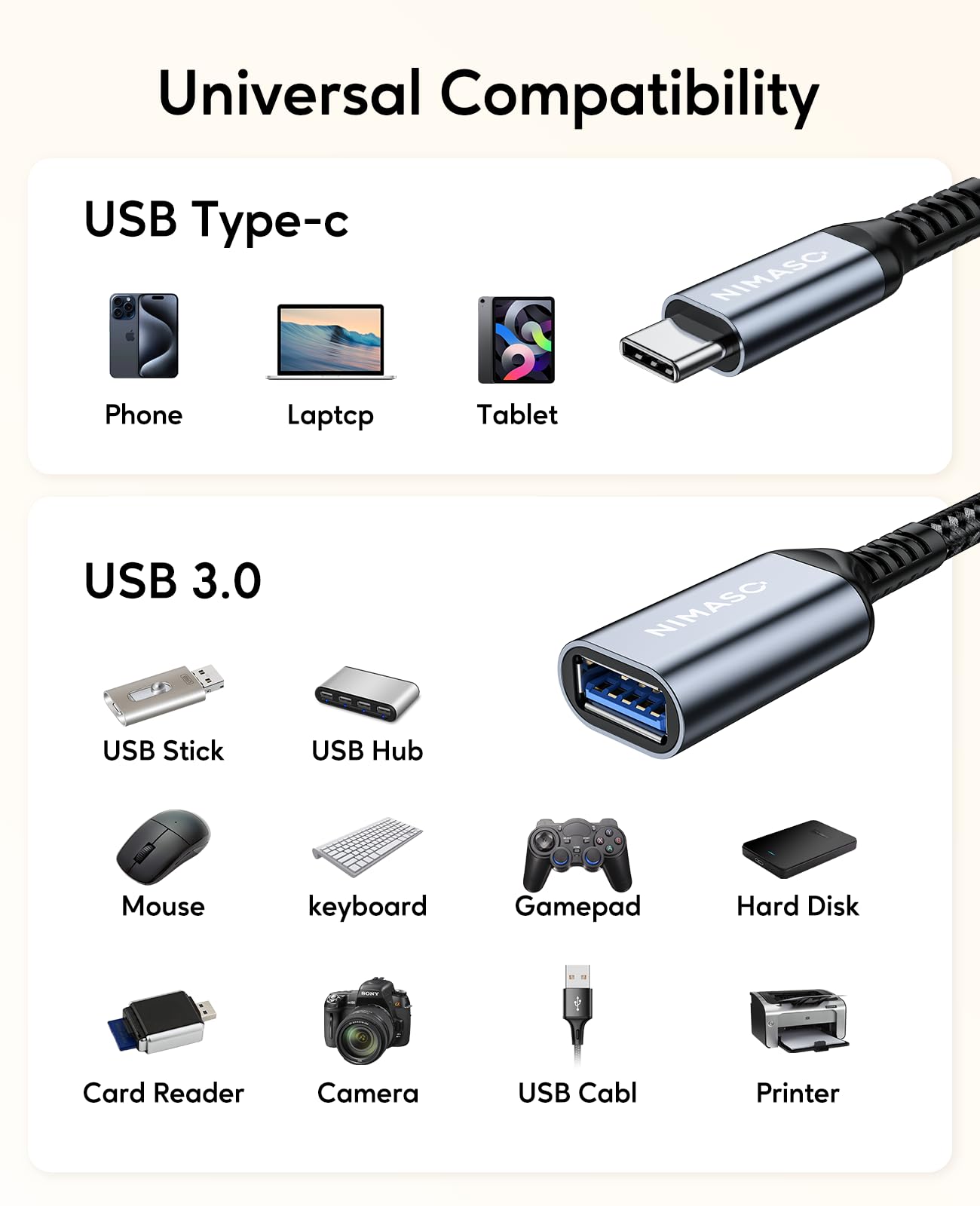 USB C to USB 3.0 Adapter [2 pack],NIMASO USB-C to USB,Thunderbolt 3 to USB Adapter OTG Cable for Macbook Pro/Air 2020/2018,iPad Pro 2020,Galaxy S20 S20+,Google Pixel and More