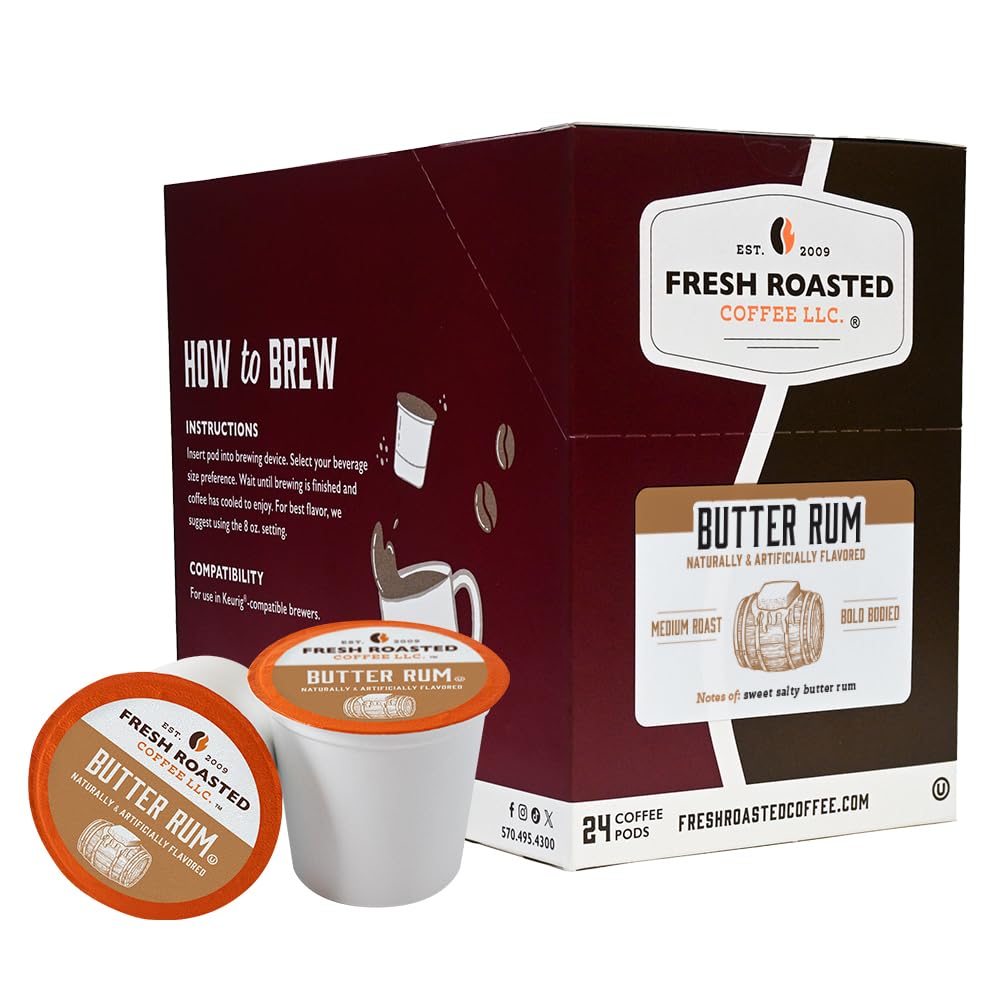 Fresh Roasted Coffee, Butter Rum, Flavored Coffee Pods, K-Cup Compatible, 24 Count