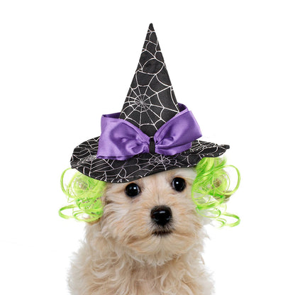 LESYPET Cat Halloween Costume Hat Dog Hat, Wizard Hat with Green Wig for Dog Cat Cosplay for Halloween, Christmas, Party