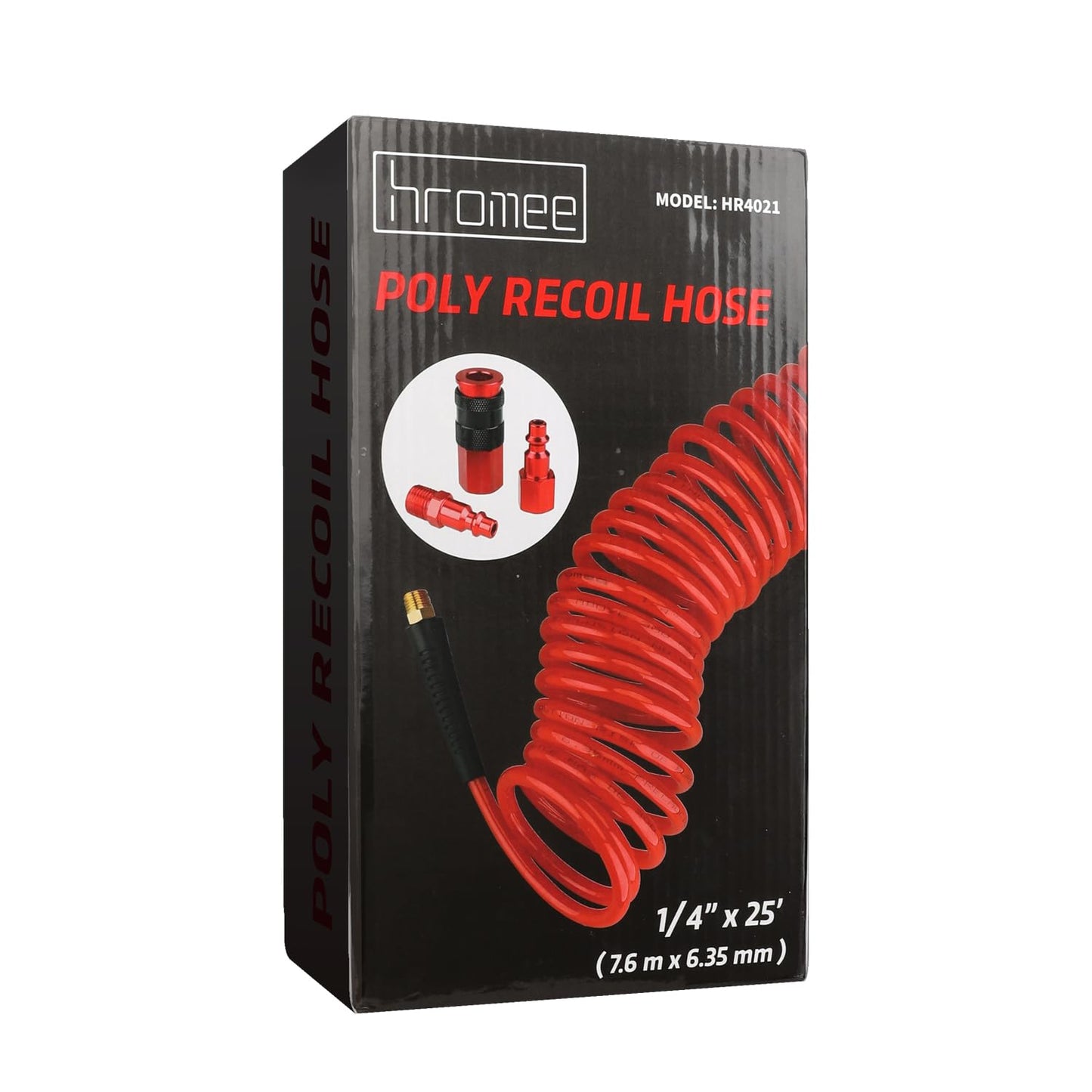 Hromee 1/4 in x 25 ft Polyurethane Recoil Air Hose with Bend Restrictors Compressor Hose with 1/4" Industrial Universal Quick Coupler and I/M Plug Kit, Red