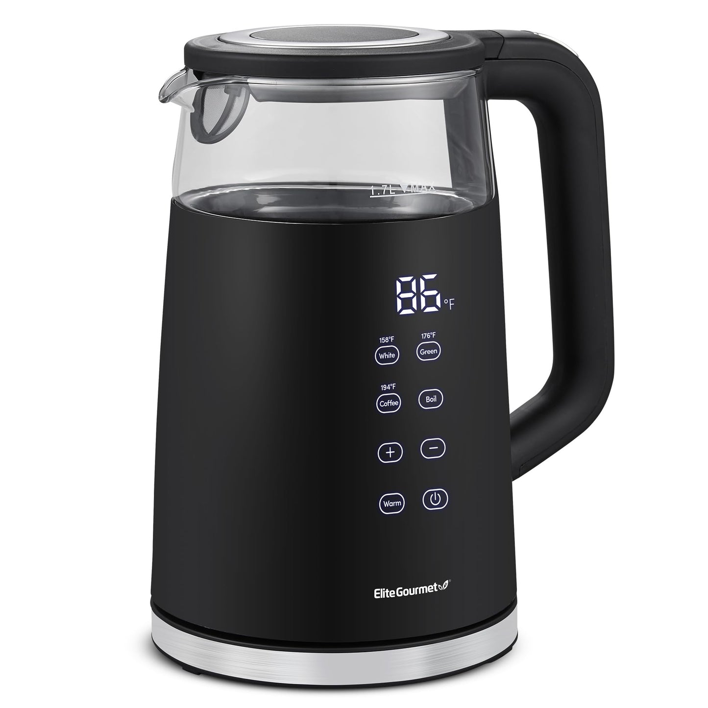 Elite Gourmet EKT8717 1.7L Dual Wall Cool Touch Electric Tea Kettle, Borosilicate Glass, 304 Stainless Steel Interior, Programmed Digital Touchscreen, Keep Warm, Auto Off & Audible Indicator, Black