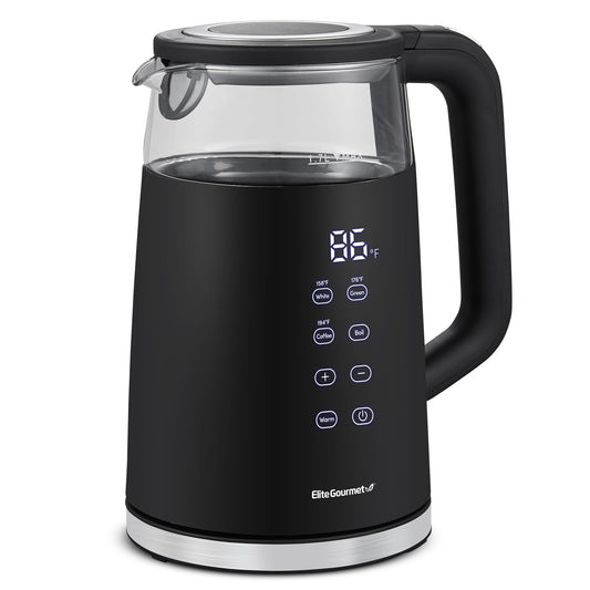 Elite Gourmet EKT8717 1.7L Dual Wall Cool Touch Electric Tea Kettle, Borosilicate Glass, 304 Stainless Steel Interior, Programmed Digital Touchscreen, Keep Warm, Auto Off & Audible Indicator, Black