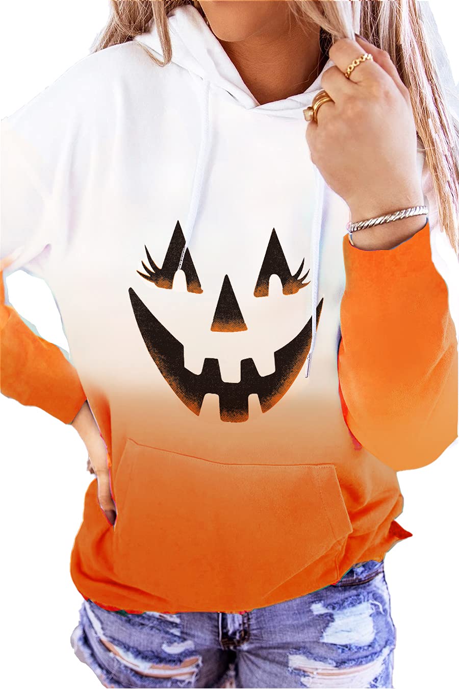 HVEPUO Woman Fall Halloween Pumpkin Hoodie Orange Tie Dye Ombre Graphic Yellow Hoodie Fashion Sudaderas Para Mujer Cute Hoodies Kawaii For Teen Girl Orange Pumpkin L