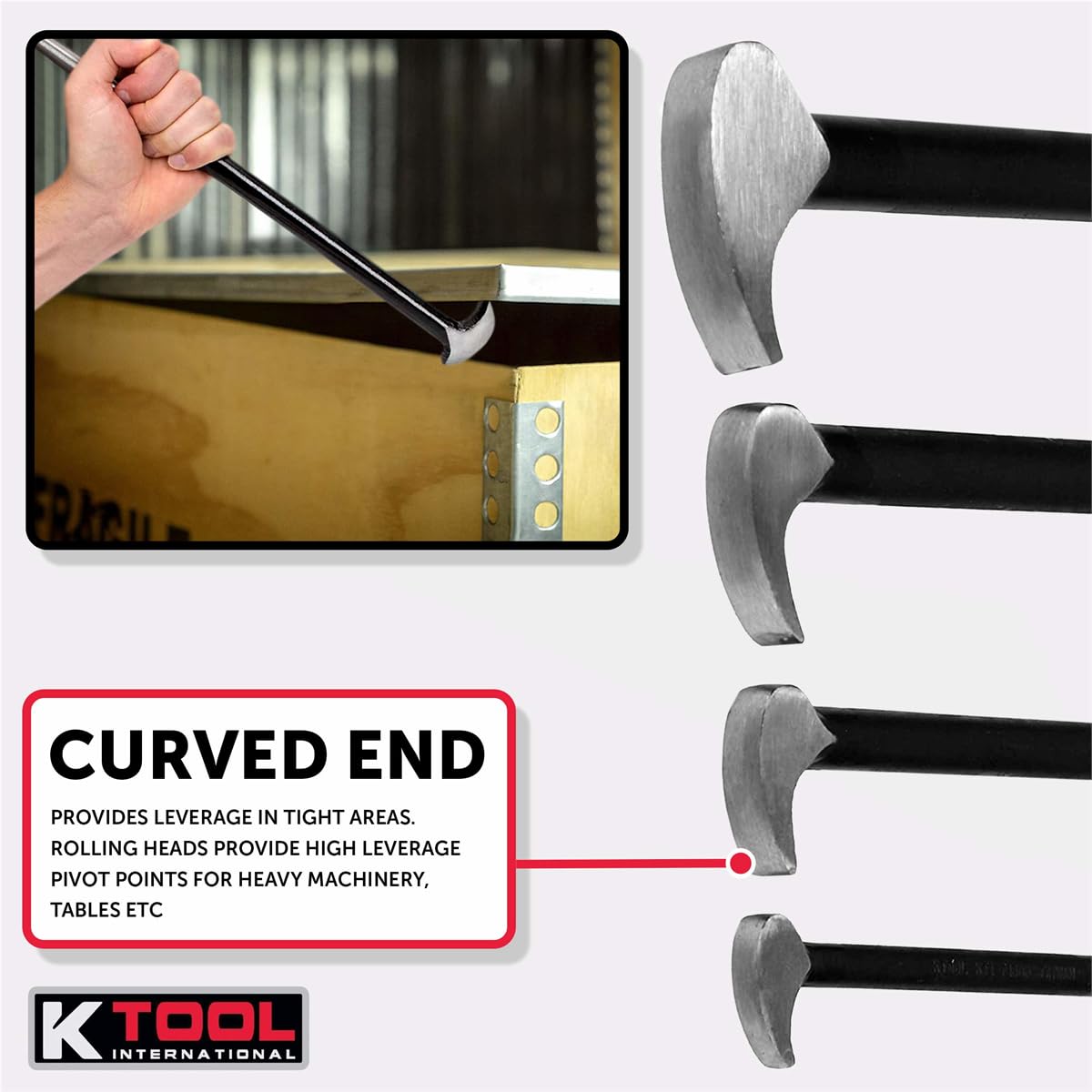 K Tool International 71600 4 Piece Pry Bar Set for Garages, Repair Shops, and DIY, Lady Slipper Style, Heavy Duty Heat Treated Steel, Rolling Head, Organizing Case, Includes Sizes 6", 12", 16", 20"