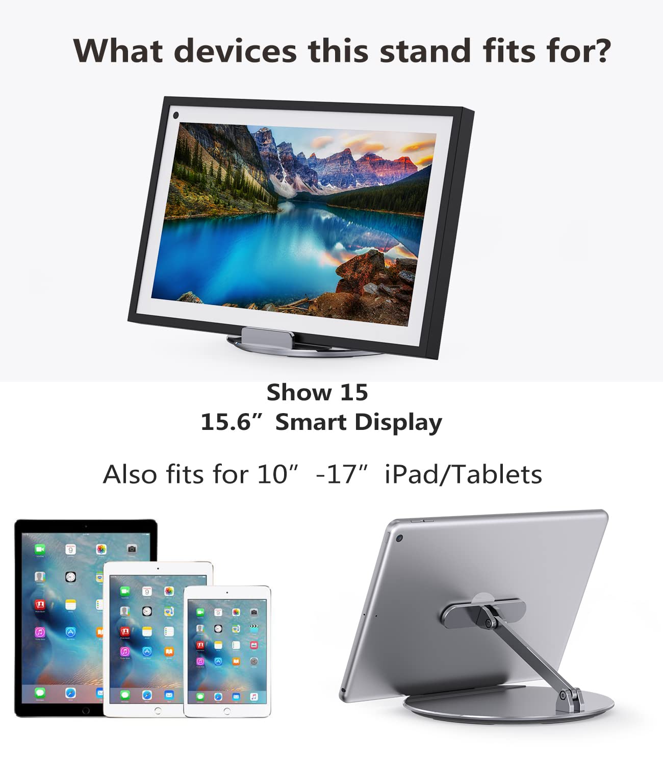 Laivli Stand Compatible with Echo Show 15/21, Adjustable Foldable with 360 Degree Rotatable Base, Easy Switch Device in Portrait and Landscape Orientations(Silver)