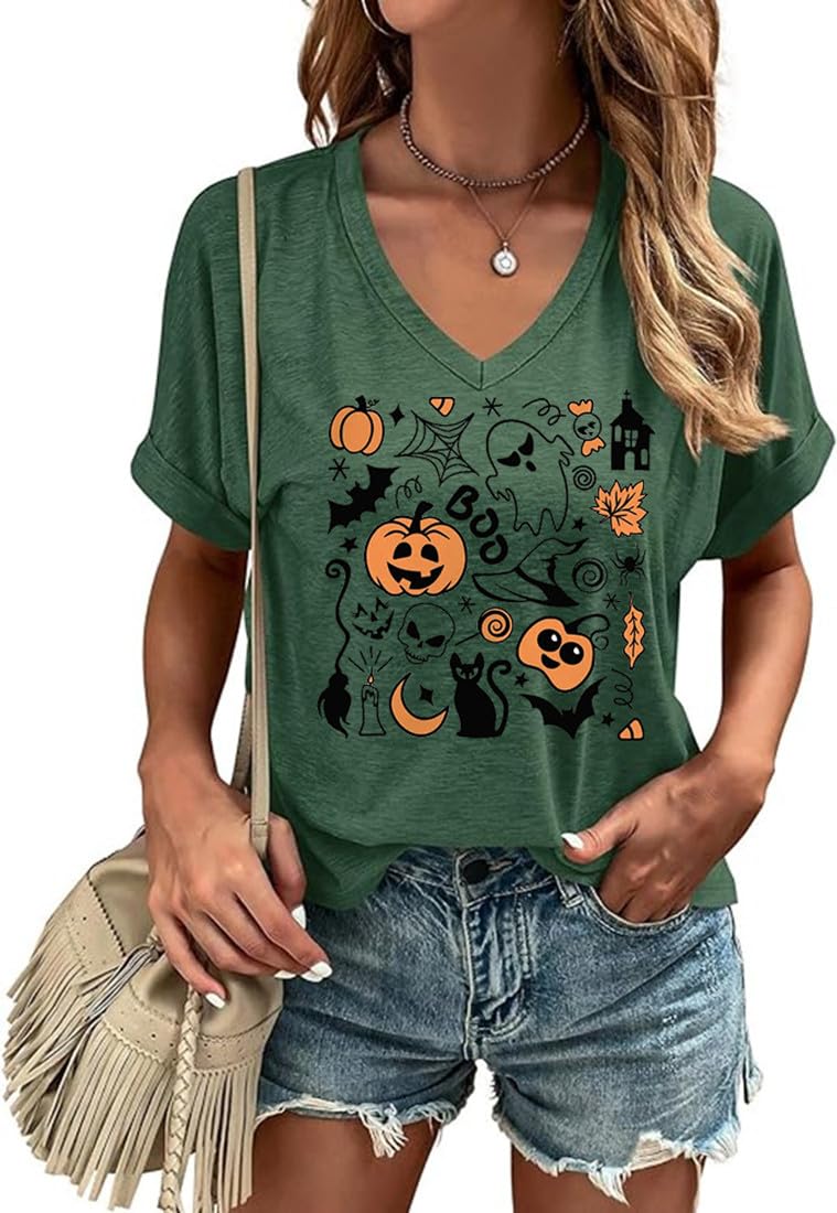 Fall V Neck Shirt Funny Halloween Jack O Lantern Pumpkin Short Sleeve Tee Family Match Spooky Season Tops（XL,01-Green）