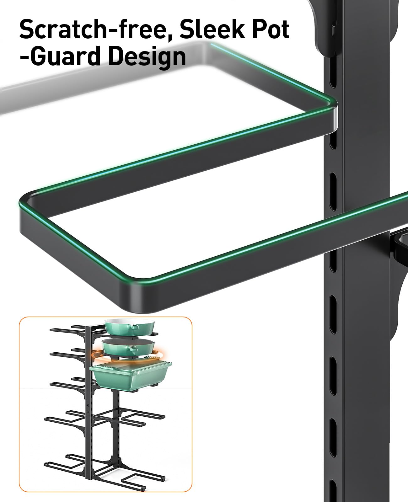 ORDORA Pots and Pans Organizer for Cabinet 16.61'' Height, 8 Tier Pot Organizers Rack with 3 DIY Methods, Adjustable Pan Organizer under Cabinet Kitchen Organization and Storage