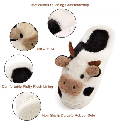 Cow Slippers for Women,Cartoon Animal Fuzzy Slippers,Winter Warm Women's House Slippers,Anti-Slip Indoor Outdoor for Man Wrap Heel White Yellow 38/39