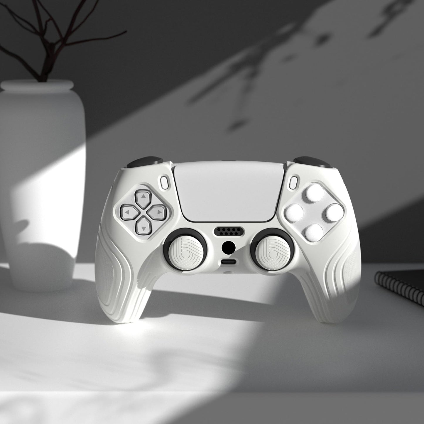 eXtremeRate PlayVital Samurai Edition White Anti-Slip Controller Grip Silicone Skin for ps5, Ergonomic Soft Rubber Protective Case for ps5 Controller with White Thumb Stick Caps
