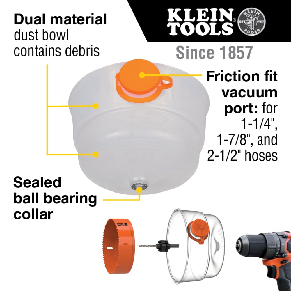 Klein Tools 31101 Collapsible Hole Saw Dust Bowl, Ideal for Overhead Can and Recessed Lighting, Fits Hole Saws up to 6-3/8-Inch, Arbors up to 1/2-Inch