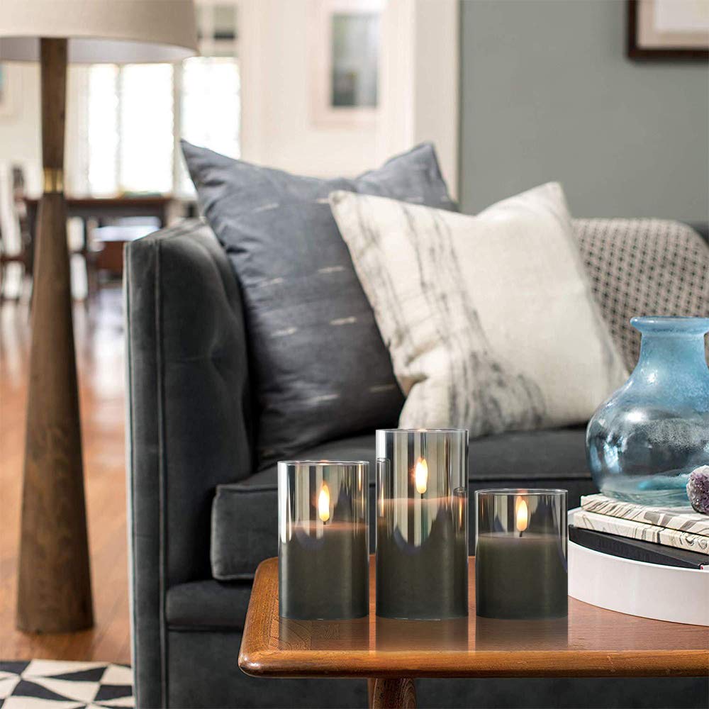 GenSwin Rechargeable LED Flameless Flickering Glass Candles with Remote Timer, Battery Operated Pillar Candles Long Lasting Grey Real Wax USB (D 3”×H 4”5”6”)