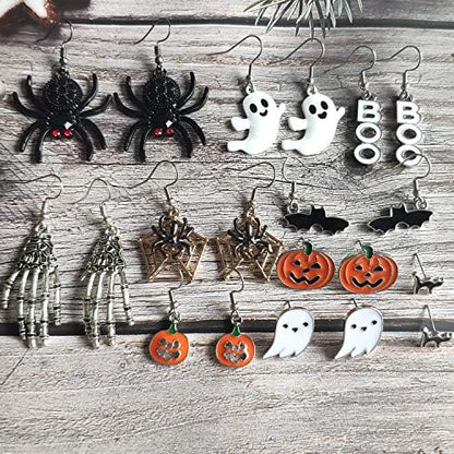 9Pairs Halloween Earrings for Women Skeleton Spider Pumpkin Ghost Bat Dangle Earrings Set Gothic Jewelry Halloween Accessories Costumes Woman 2025 Party Favors