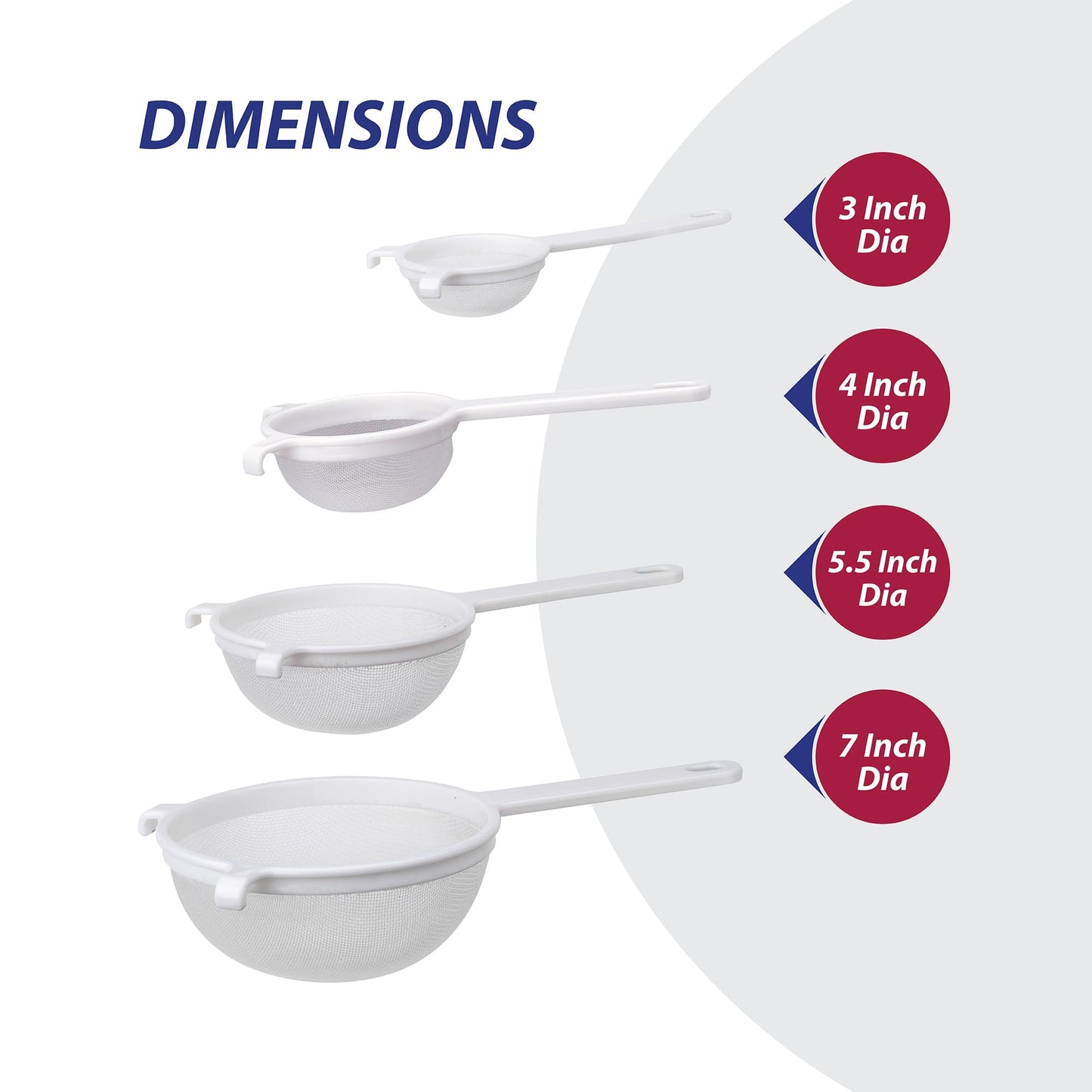 HIC Kitchen Double-Ear Fine Mesh Strainers, BPA Free, Set of 4 Sizes Includes 3, 4, 5.5, and 7-Inch Diameter