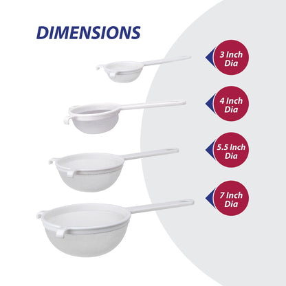 HIC Kitchen Double-Ear Fine Mesh Strainers, BPA Free, Set of 4 Sizes Includes 3, 4, 5.5, and 7-Inch Diameter