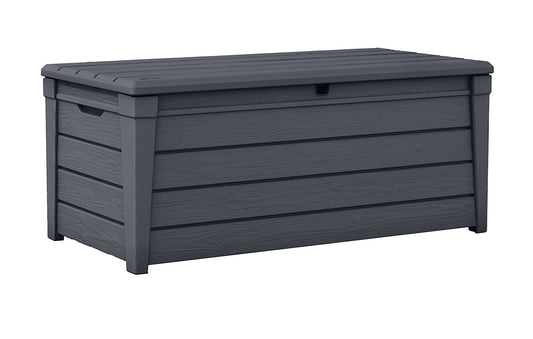 Keter Brightwood 120 Gallon Resin Large Deck Box for Patio Garden, Outdoor Cushion Storage, Pool Accessories, Tools, Grey