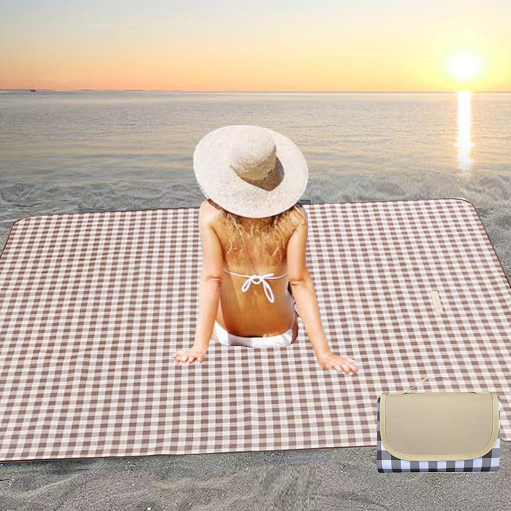 PUPOPIK Outdoor Picnic Blanket, Foldable Waterproof Sand Beach Mat,Large 80x60in Beach Camping Hiking Travel Family Concerts Portable Beach Blankets (Brown)