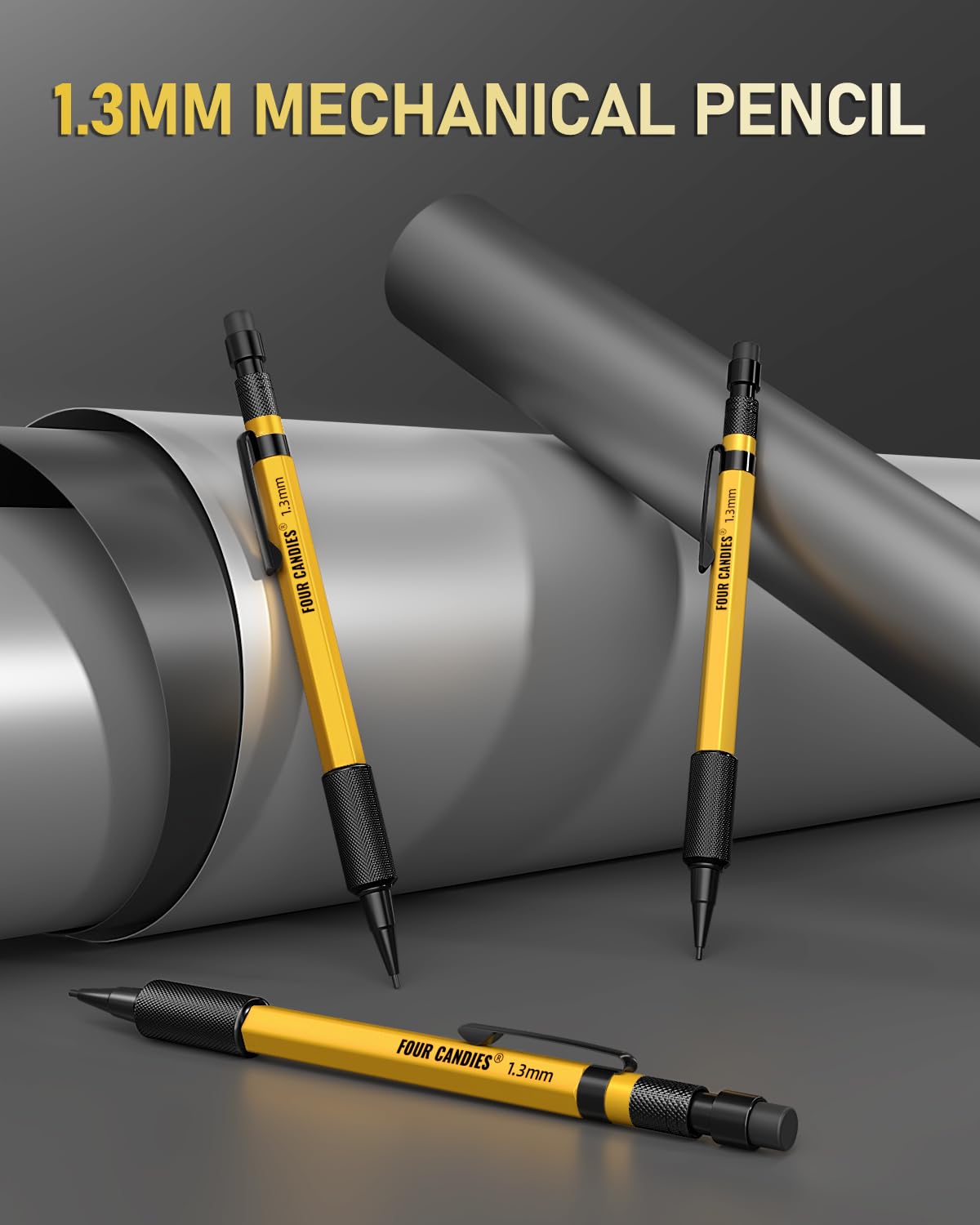 Four Candies 3PCS 1.3mm Mechanical Pencil Set with Case, Metal Heavy Duty Carpenter Pencils with 72 Refill(Red,Black,Yellow) 3Eraser, 16Eraser Refill, Weatherproof Body Outdoor Woodworking Marking