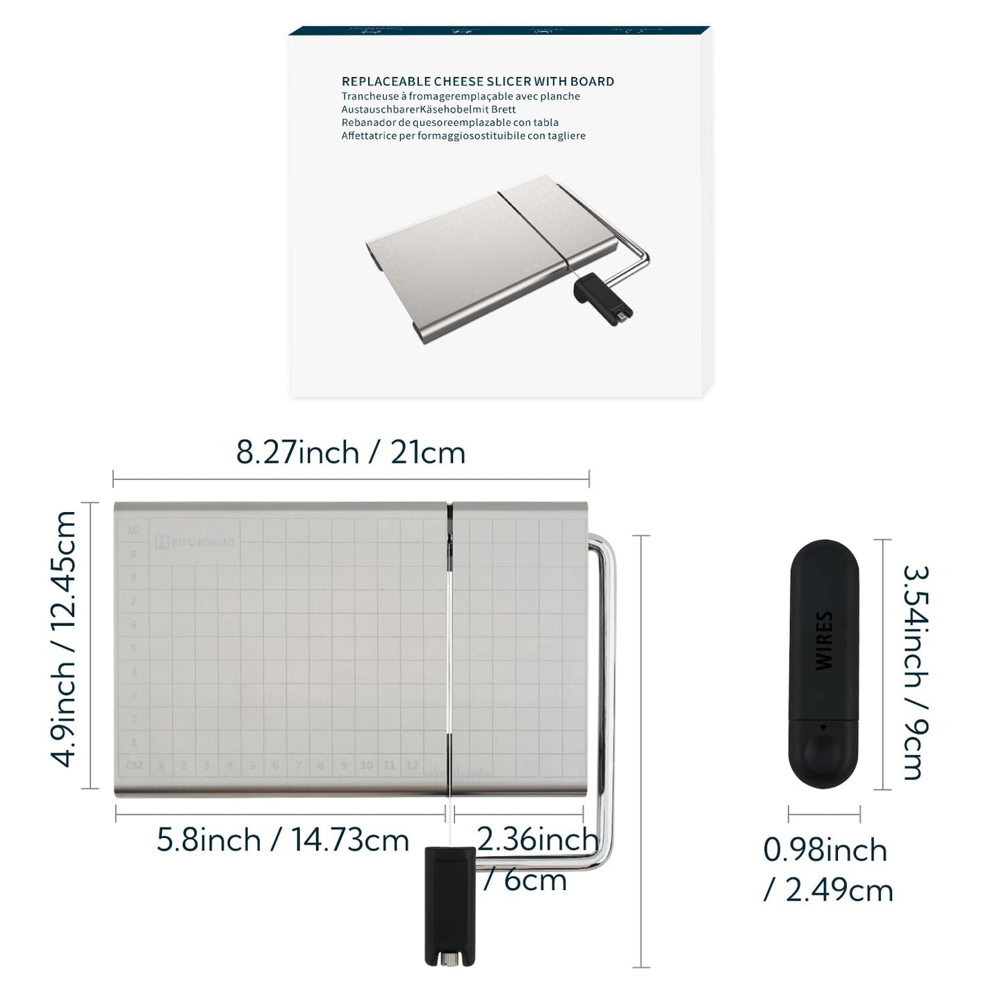 KITCHENDAO Replaceable Wire Cheese Slicer with Board and Measuring Grids,Tightness Adjustable Cheese Slicer, Stainless Steel Metal Cheese Cutter for Block Cheese, Dishwasher Safe, with 2 Extra Wires
