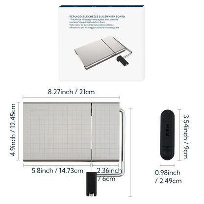 KITCHENDAO Replaceable Wire Cheese Slicer with Board and Measuring Grids,Tightness Adjustable Cheese Slicer, Stainless Steel Metal Cheese Cutter for Block Cheese, Dishwasher Safe, with 2 Extra Wires