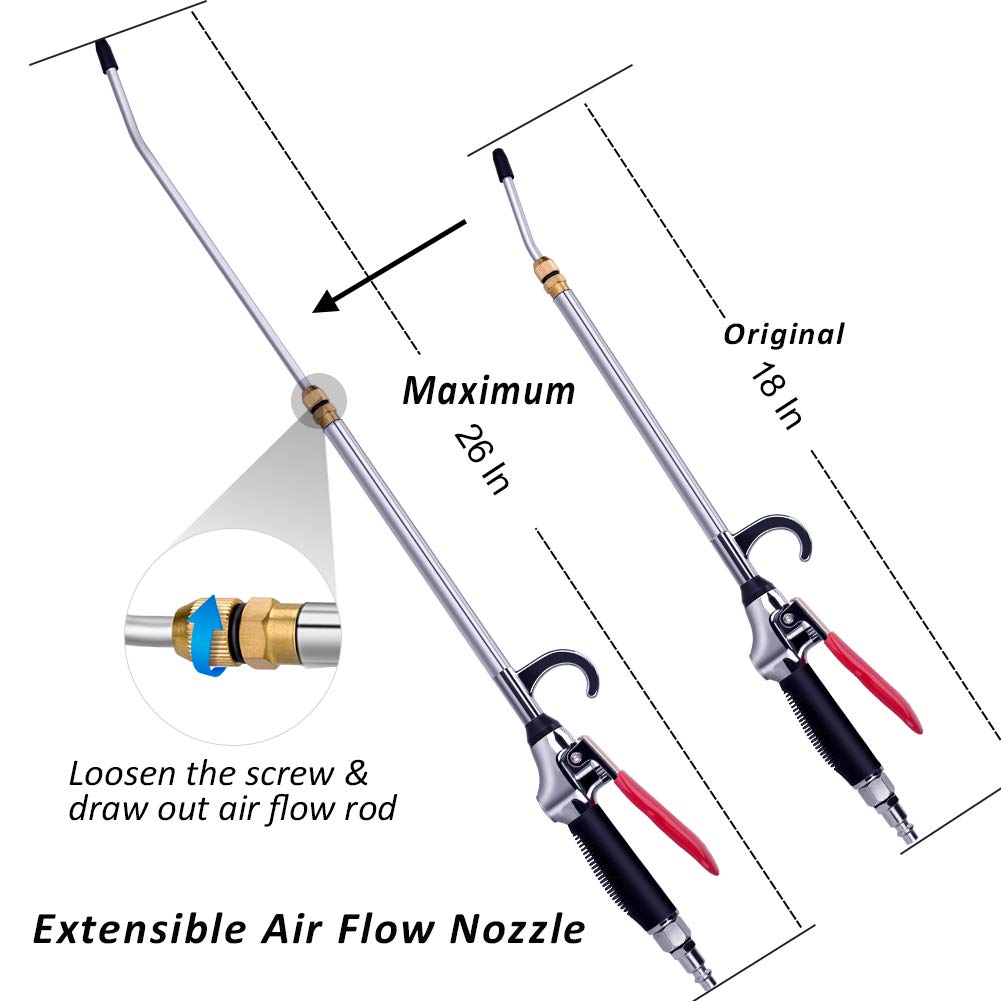 High Volume Powerful Air Blow Gun with Extensible Air Flow Nozzle, Pneumatic Air Compressor Accessories Blower Tool, Maximum Extended to 26 Inch Blower Gun with Anti-slip Rubber Coated Metal Handle