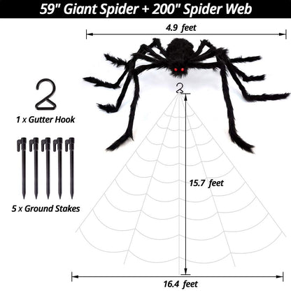 200" Halloween Spider Web + 59" Giant Spider Decorations Fake Spiders with Triangular Huge Spiders Web for Indoor Outdoor Halloween Decorations Yard Home Costumes Parties Haunted House Décor