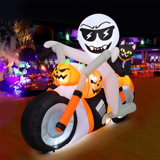 COMIN 6 FT Halloween Inflatables Ghost Outdoor Decorations Blow Up Yard Pumpkin Cat Motorcycle with Built-in LEDs for Indoor Party Garden Lawn Decor