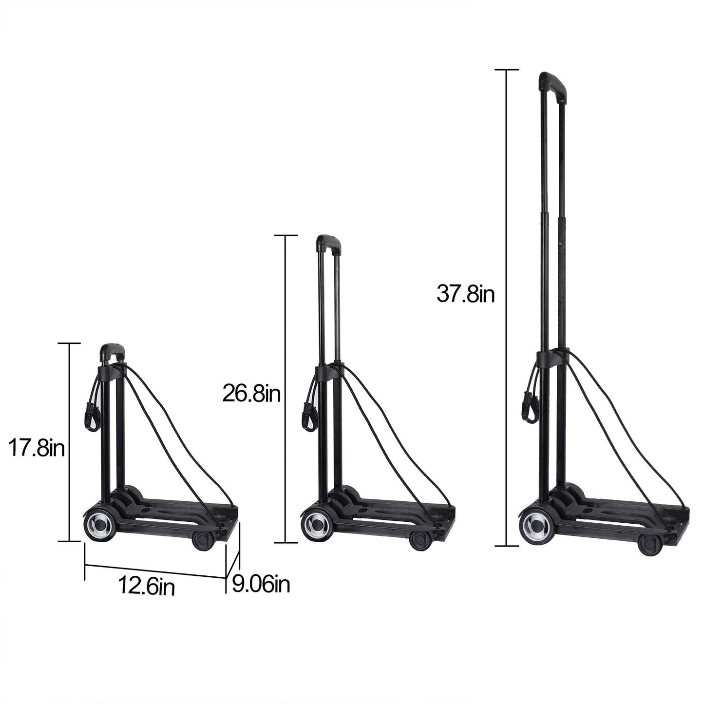 KINJOEK 25kg 55lbs Folding Hand Truck, Solid Construction Utility Cart for Luggage with 2 Oversized Wheels Bonus Bungee Cord, Collapsible, Lightweight and Compact Luggage Dolly Cart for Travel, Black