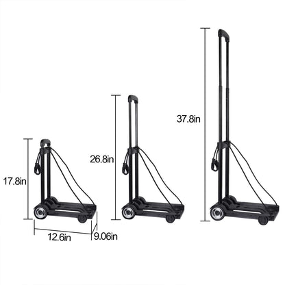 KINJOEK 25kg 55lbs Folding Hand Truck, Solid Construction Utility Cart for Luggage with 2 Oversized Wheels Bonus Bungee Cord, Collapsible, Lightweight and Compact Luggage Dolly Cart for Travel, Black
