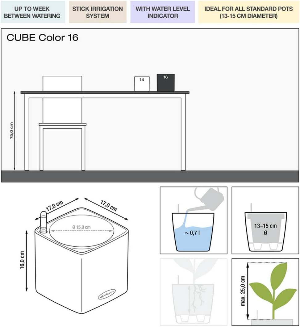 Lechuza Cube Color 16 Self Watering Plant Pot, White, 17 cm Diameterx 17 cm Width x 16 cm Height