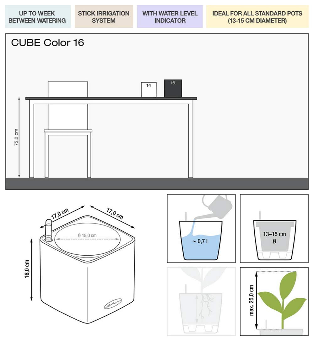 Lechuza Cube Color 16 Self Watering Plant Pot, White, 17 cm Diameterx 17 cm Width x 16 cm Height