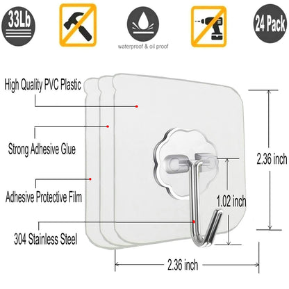 Jwxstore 24 Pack Heavy Duty Self Adhesive Hooks - 33lb Max, Transparent, Waterproof, Sticky Wall Hooks for Keys, Bathroom, Shower, Outdoor, Kitchen, Door, Home Improvement, Utility