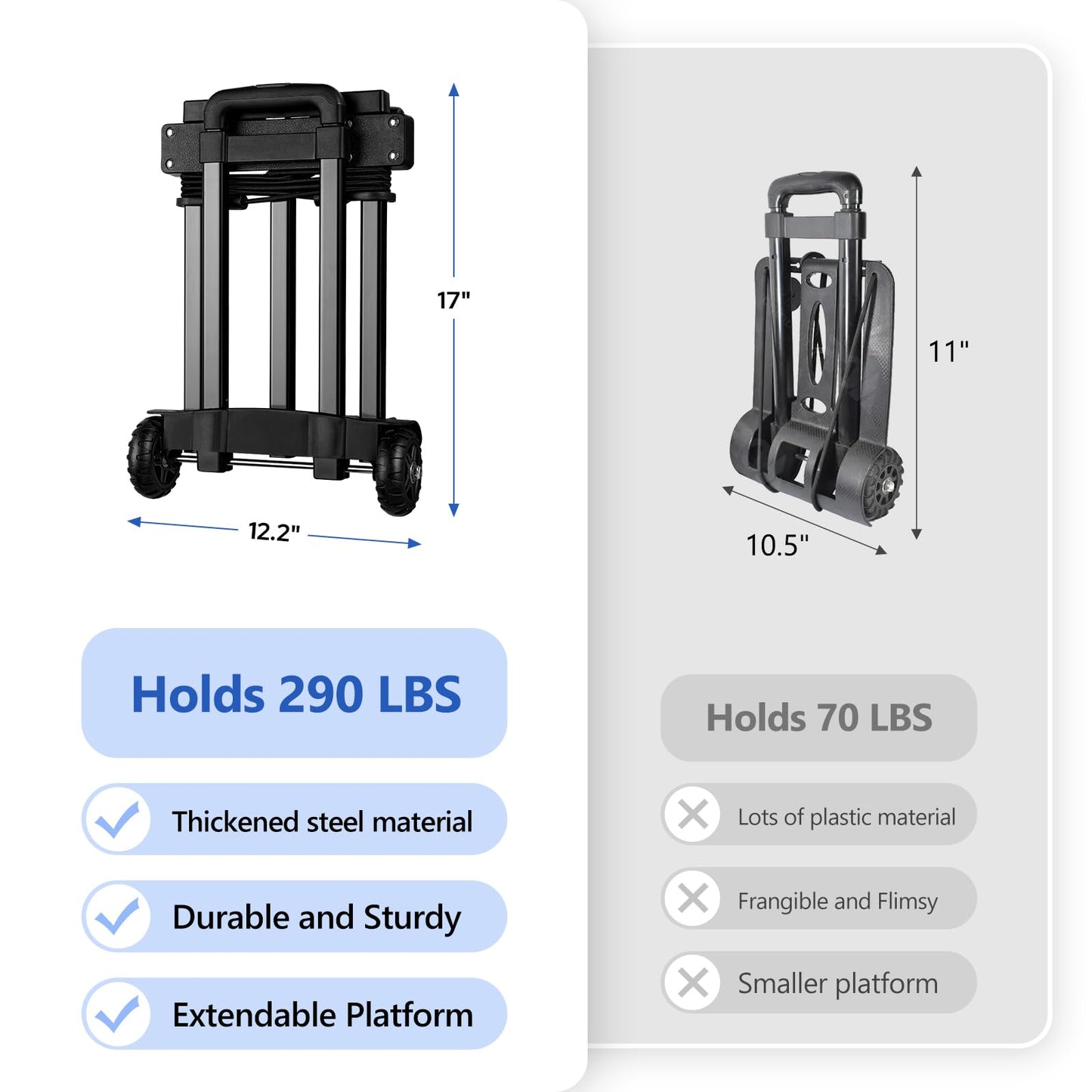 KEDSUM Folding Hand Truck, 290 lbs, 4 Wheels Solid Construction Heavy Duty Utility Cart, Portable Fold Up Dolly, Compact and Lightweight for Luggage, Personal, Travel, Moving and Office Use