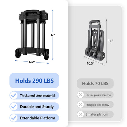 KEDSUM Folding Hand Truck, 290 lbs, 4 Wheels Solid Construction Heavy Duty Utility Cart, Portable Fold Up Dolly, Compact and Lightweight for Luggage, Personal, Travel, Moving and Office Use