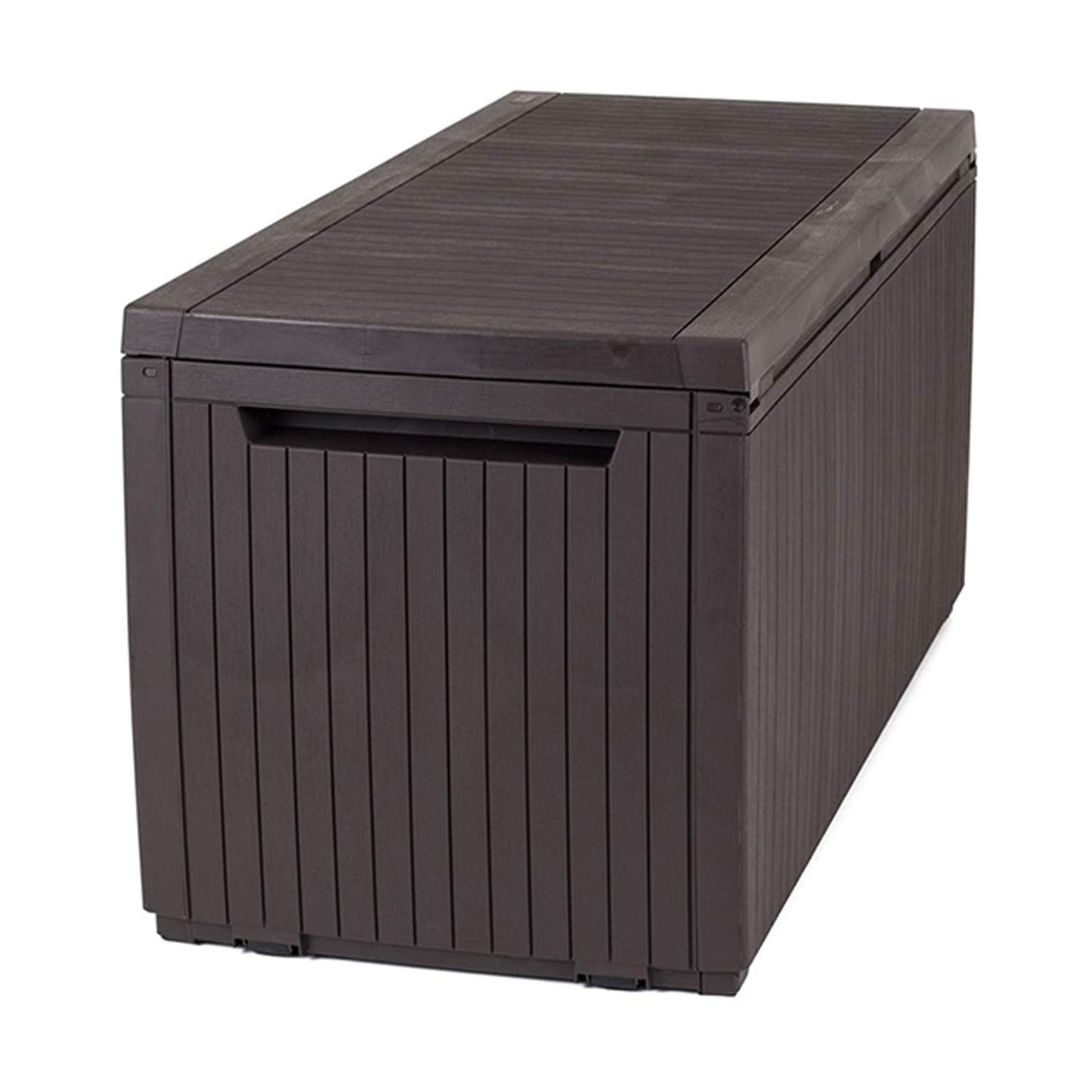 Keter Springwood 80 Gallon Resin Outdoor Storage Box for Patio Furniture Cushions, Pool Toys, and Garden Tools with Handles, Brown