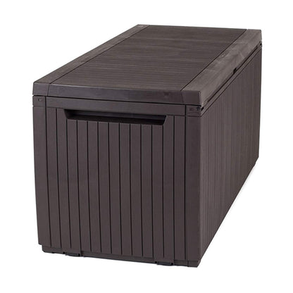 Keter Springwood 80 Gallon Resin Outdoor Storage Box for Patio Furniture Cushions, Pool Toys, and Garden Tools with Handles, Brown