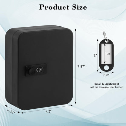 KYODOLED 20 Key Storage Lock Box with Code, Key Cabinet Organizer Wall Mount with Combination Lock, Key Hooks & Labels, 7.87 x 6.3 x 3.14 in, Black