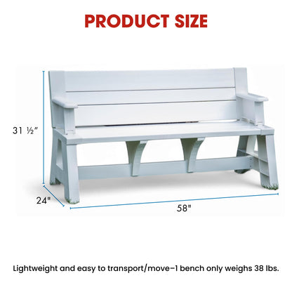 Convert-a-Bench Gen 1 2-in-1 Outdoor Convertible Bench to Picnic Table | Space-Saving, Weather-Resistant Patio Furniture for Yard, Deck, Garden | Easy Assembly & Durable Design -1 Bench/Order, White
