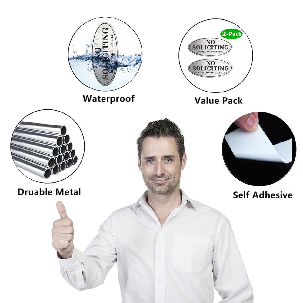 No Soliciting Sign, 2 Pack Self-Adhesive Aluminum Metal No Solitation Do Not Knock or Ring Bell Sign, 7.0 x 3.0 inches Fade Resistang Signs for Office and Home (Brushed Nickel/Black)