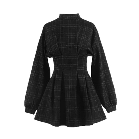 Goth Long Sleeve Dress Gothic Harajuku Vintage Plaid Wrap Balck Mini Dress Retro Pleated Punk Long Sleeve Dark Emo(Gray Grid,L)