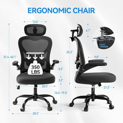Freepub Ergonomic Office Chair with Headrest 3D, Mesh Office Desk Chair with Adjustable Lumbar Support, Computer Chair with Flip up Armrests, 350LBS Capacity - Design for Home/Offices - Black