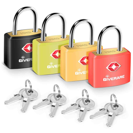 4 Pack TSA Approved Travel Luggage Locks with Keys, Solid Brass Copper Keyed Padlock, ABS Plastic Covered Small Locks for Suitcase, Backpack, Gym Locker, Jewelry Box-by GIVERARE