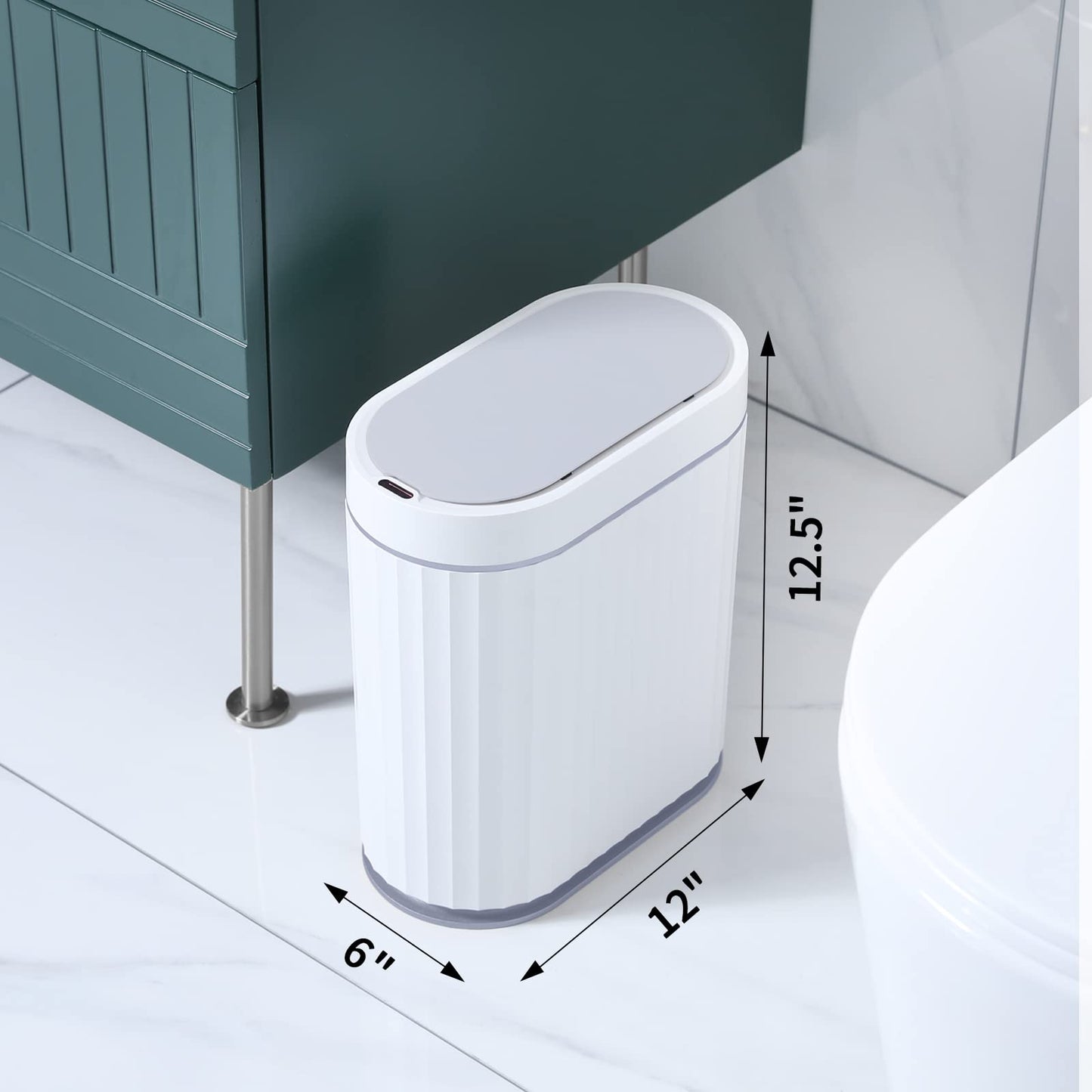 ELPHECO Bathroom Motion Sensor Trash can 2 Gallon Automatic Garbage Can, Slim Plastic Smart Trash Can with Lid, Commercial Intelligent Trash Bin for Bedroom, Bathroom, Office, White with Grey Trim