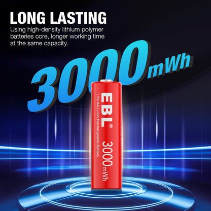 EBL AA Lithium Batteries, 1.5V 3000mWh Rechargeable AA Batteries Long Lasting Double A Battery 8 Pack(Only Compatible 1.5V Devices)