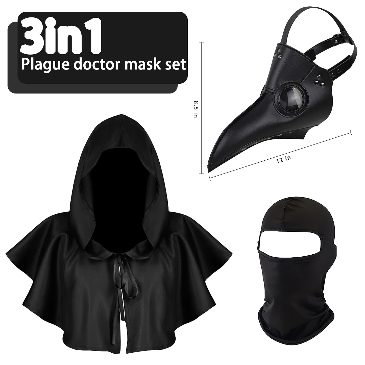 Halloween Plague Doctor Mask Plague Doctor Costume Obito Mask Steampunk Halloween Mask Horror Scary Halloween Mask Costume Props for Party Prom Halloween Gifts Set（3-pc Set） (Black), 12 inches
