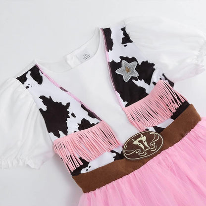 HAPNBCELE Pink Cowgirl Costume for Girls Cow Outfits with Hat Halloween Cosplay (Pink, 11-12 Years)