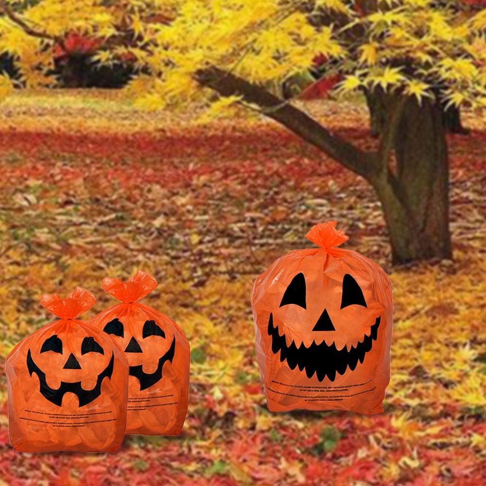 KINREX Halloween Leaf Bags Pumpkin Plastic Lawn and Leaf Bags Decoration - Outdoor Fall Trash Bag Decor - Orange Jack O Lantern - Pack of 3 with Twist Ties
