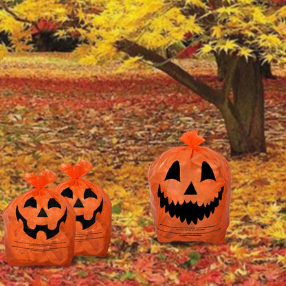 KINREX Halloween Leaf Bags Pumpkin Plastic Lawn and Leaf Bags Decoration - Outdoor Fall Trash Bag Decor - Orange Jack O Lantern - Pack of 3 with Twist Ties
